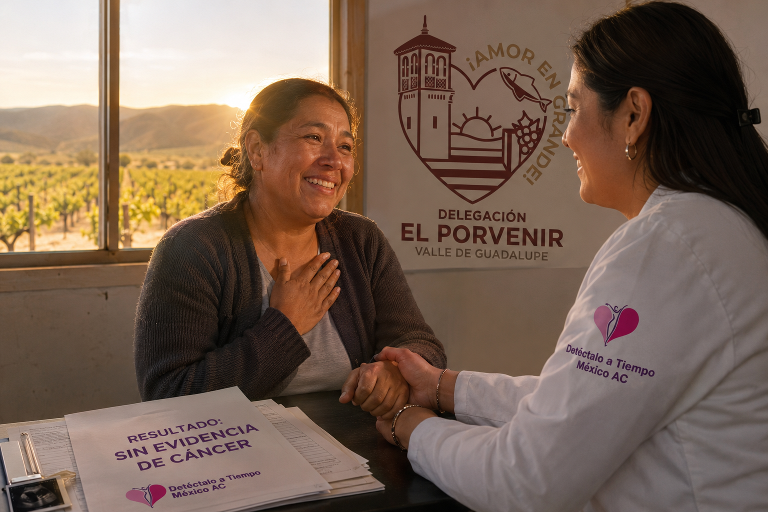 Paciente sonriendo con alivio tras recibir resultado sin evidencia de cáncer en El Porvenir, Valle de Guadalupe