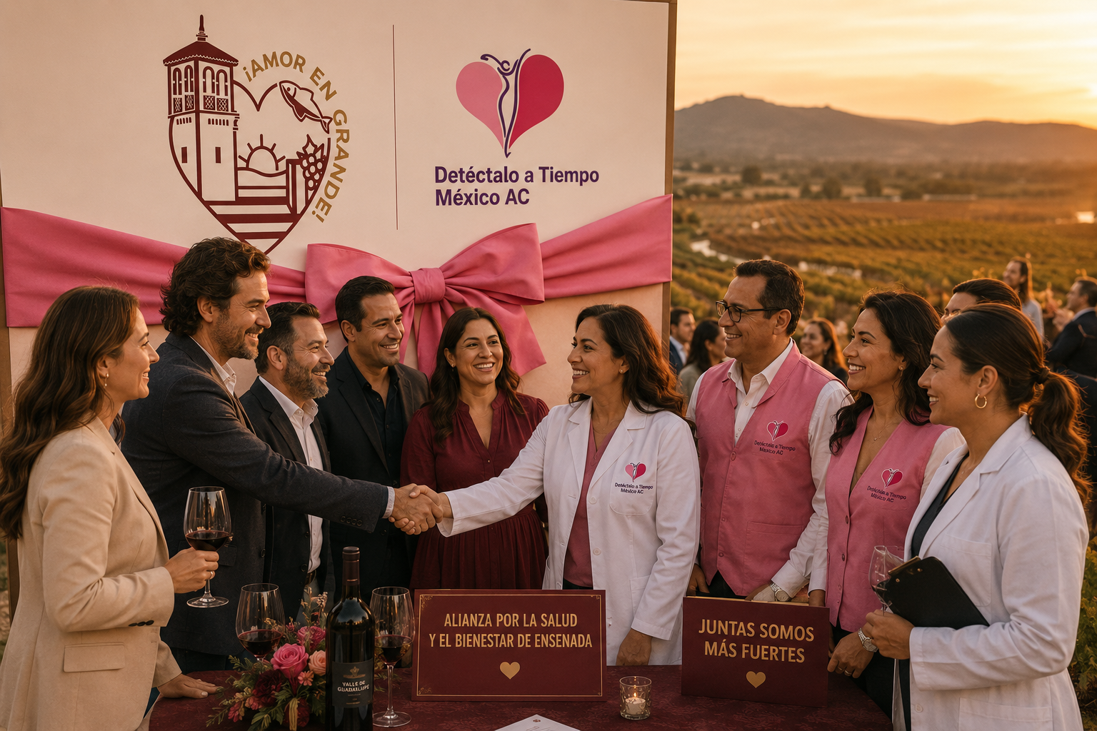 Empresarios de Ensenada y equipo médico de DAT al atardecer en viñedos del Valle de Guadalupe