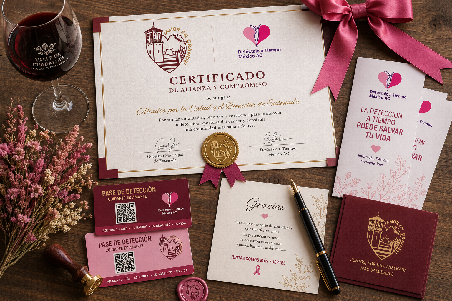 Flat lay con Certificado de Alianza, copa de vino del Valle de Guadalupe, tarjetas QR y lazo rosa