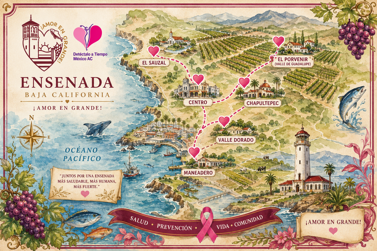 Mapa ilustrado artístico de las delegaciones participantes en el municipio de Ensenada