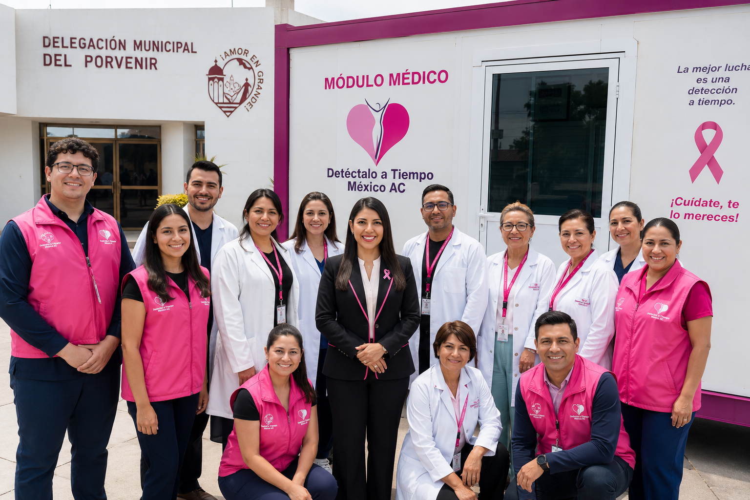 Equipo multidisciplinario de Detéctalo a Tiempo A.C. frente a la unidad médica móvil en El Porvenir
