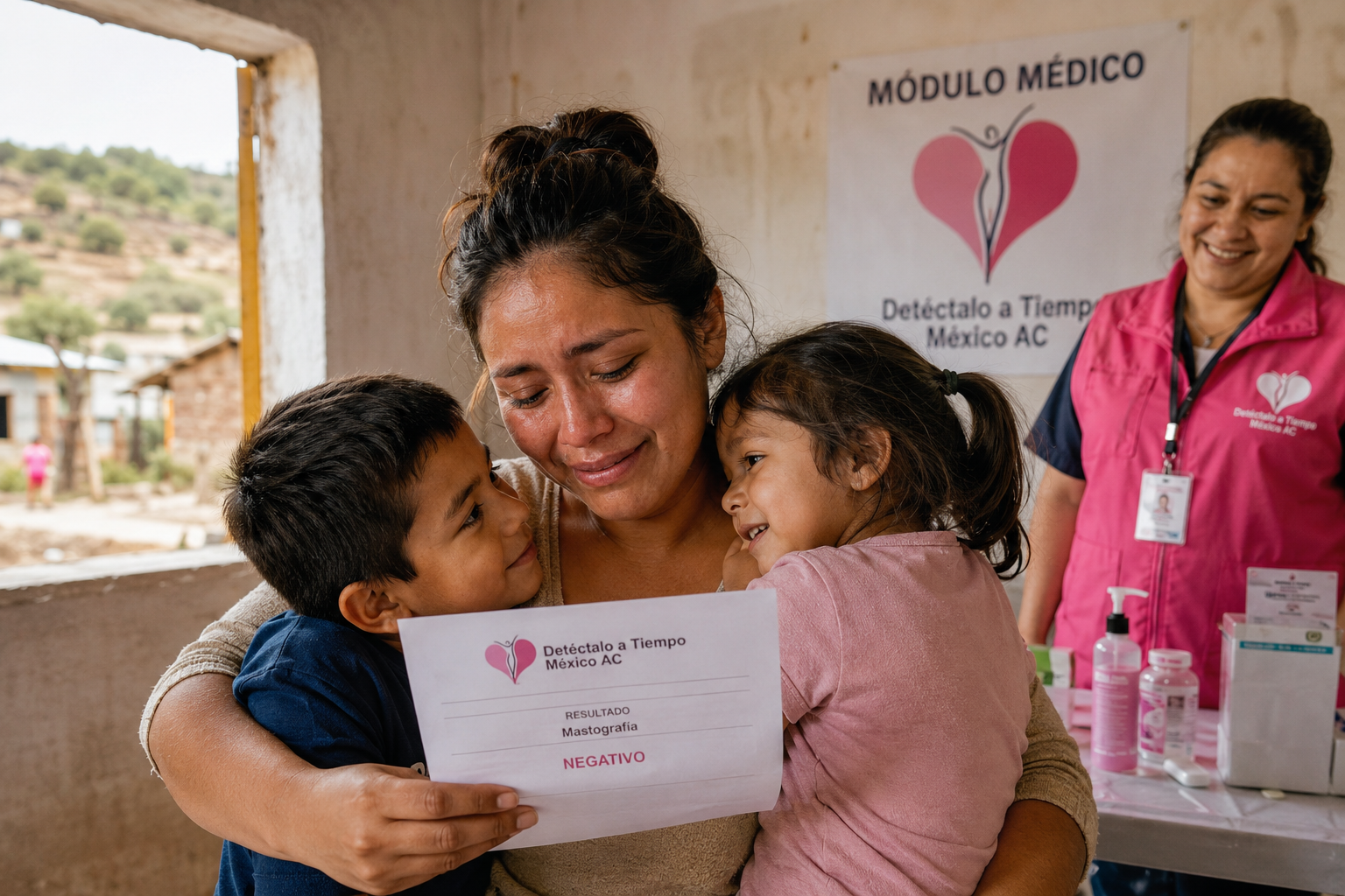 Madre mexicana abrazando con lágrimas de alivio a sus hijos con resultado médico negativo
