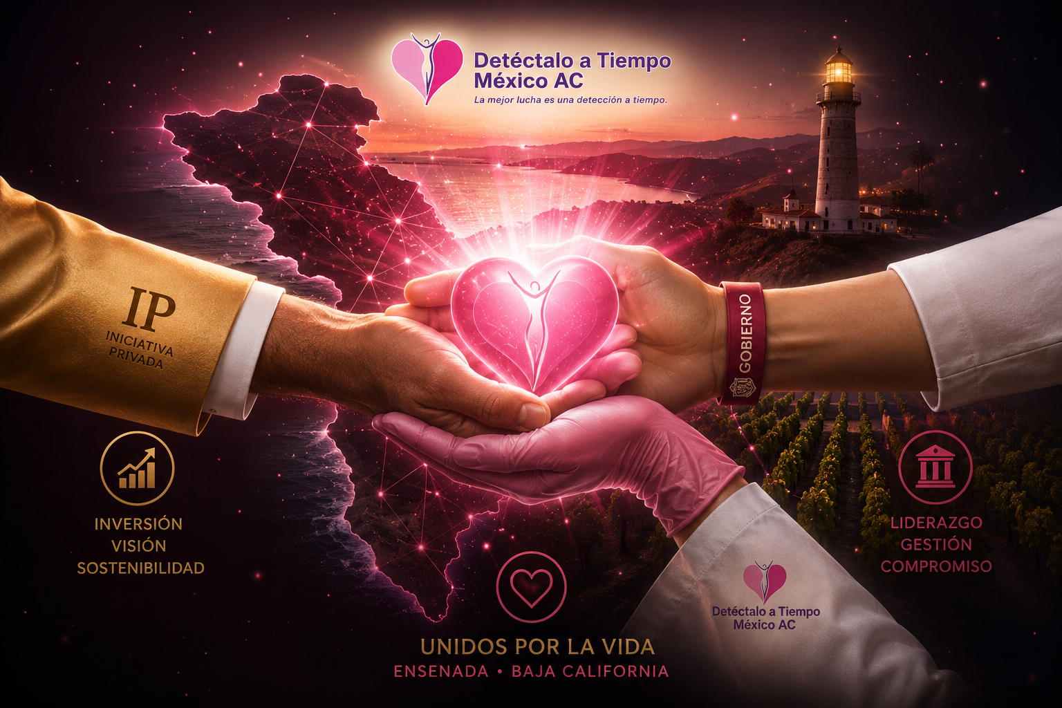 Composición simbólica de tres manos uniendo un corazón brillante sobre el faro de Ensenada